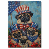 Pug Dog Family in Patriotic Outfits and Hats with American Flag Backdrop for Fourth of July Celebration on Ready to Hang 1.5" Thick Canvas Wrap, Floating Framed Canvas, Flat Rolled Canvas